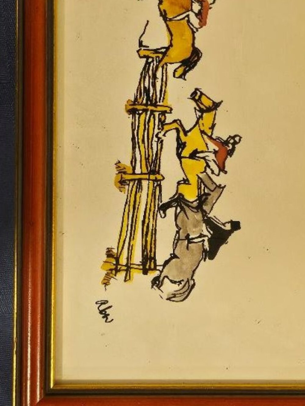Vintage R. BERN Equestrian Lithograph - Horses Jumping Fence - Framed